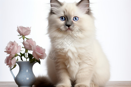 白猫与粉色玫瑰图片