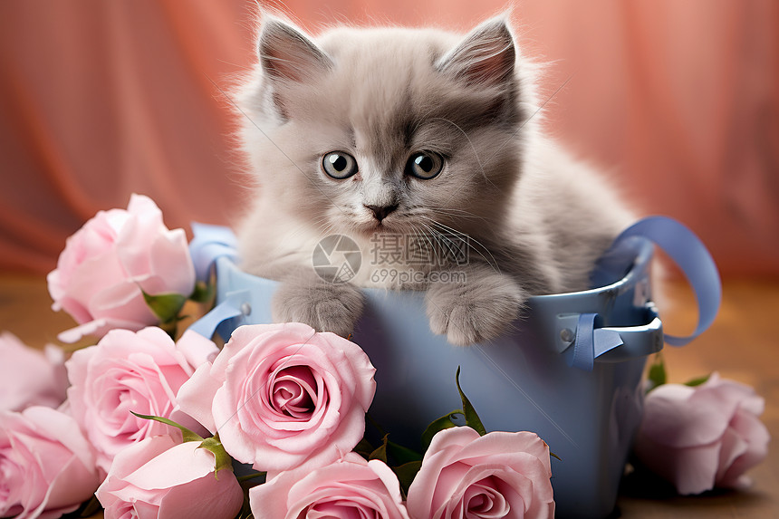 可爱的猫咪和玫瑰图片