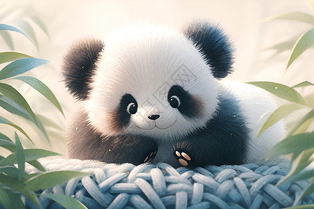 毛绒可爱的熊猫坐在蓝色毯子上图片