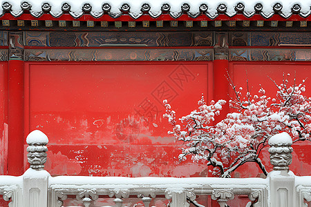 雪中的花园红墙琉璃瓦高清图片