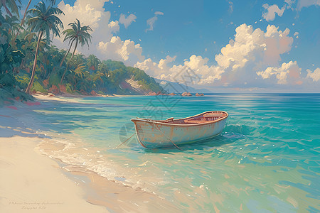 热带沙滩边的小船图片