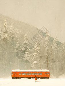 红色火车穿越白雪覆盖的森林图片