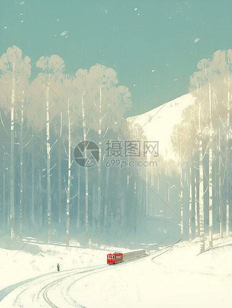 红色火车掠过白雪覆盖的森林图片