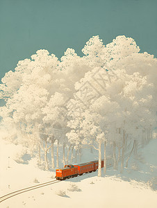 冰雪森林中的红色列车图片