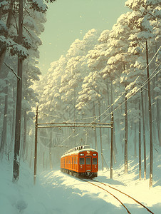 红色列车穿越白雪森林图片