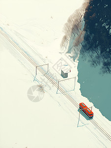 红色巴士穿越雪地背景图片
