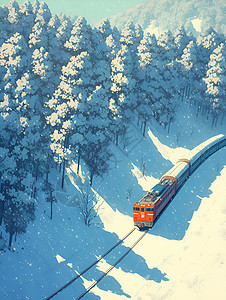 雪山森林中的红色火车图片