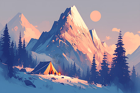 山脉间露营的帐篷背景图片