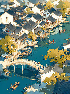 绘画的水乡建筑背景图片