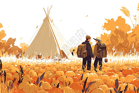 秋季草原上的男女背景图片