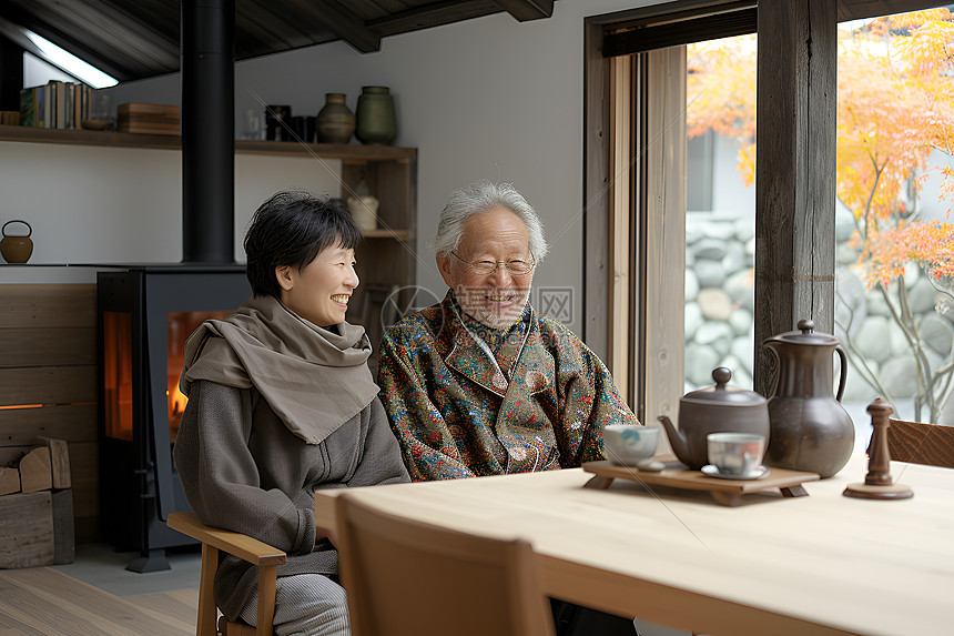 餐桌前喝茶的老年夫妻图片
