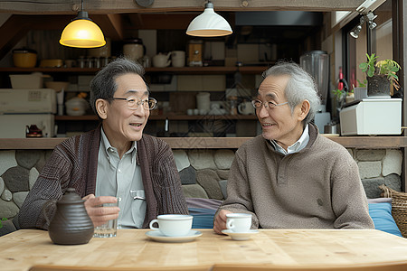 喝茶交谈的老年男人图片