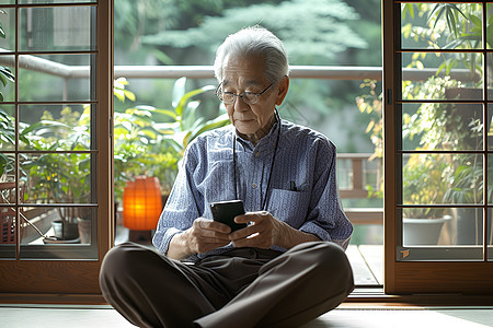 坐在木地板上使用手机的男人图片