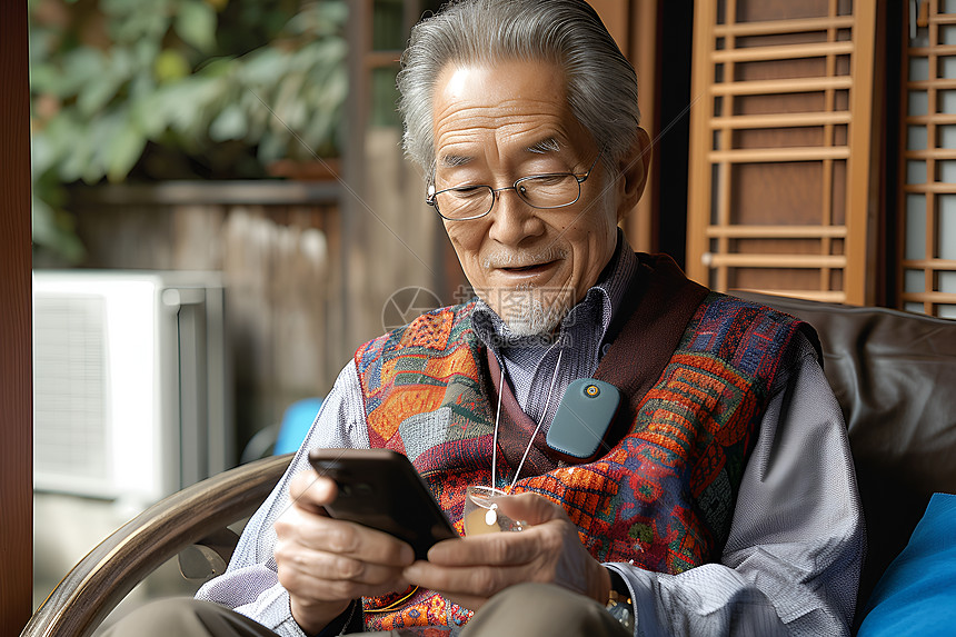 男士坐在椅子上看着手机图片