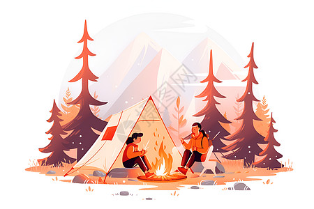 夜幕下山林篝火边的两人照片中有帐篷和周围的树木图片