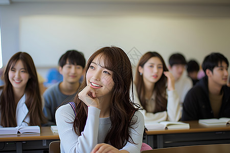 坐在教室里听课的女学生图片