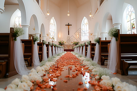 教堂婚礼铺满鲜花的教堂背景