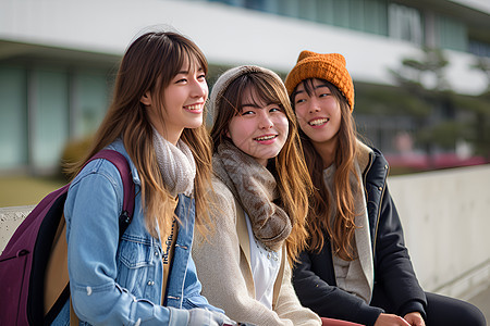 三个女孩坐在长凳上微笑图片