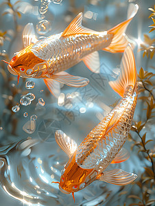 金鱼在闪闪发光的水面上图片