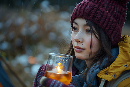 雨中持茶盅的女人图片