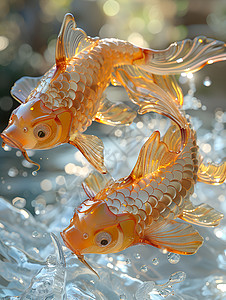两条金鱼在水面跳跃图片