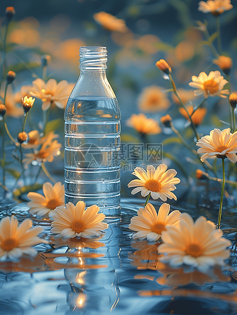 池塘中的花朵和瓶子图片