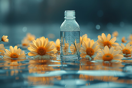 水瓶和漂浮的洋甘菊花图片