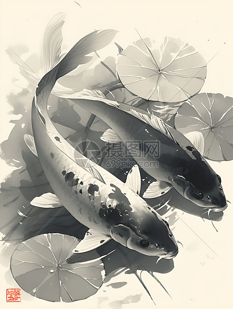 水墨画中游动的鱼图片
