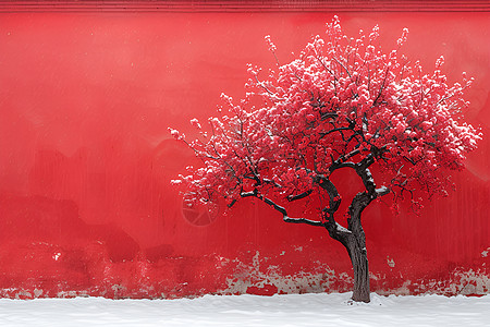 红色墙壁旁的树图片