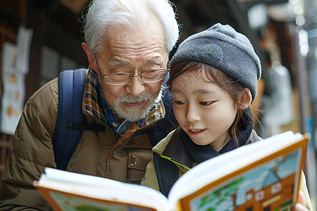 老人和小女孩一起读书背景图片