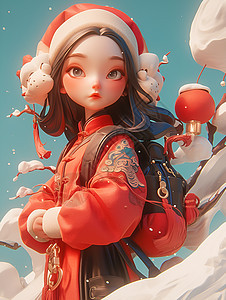 在雪中徜徉的红衣女孩图片