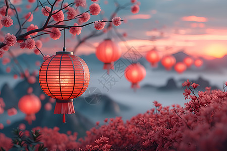 艳丽山水中的中国灯笼图片