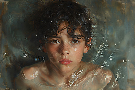 水溅着头发水中的男孩背景