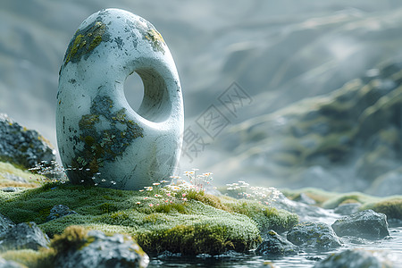 玉石浮雕河流旁的石头插画