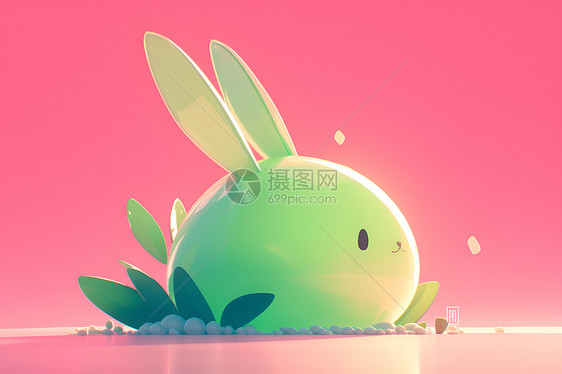 粉色背景上的绿兔子图片