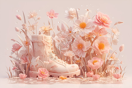 粉色花朵中的靴子图片