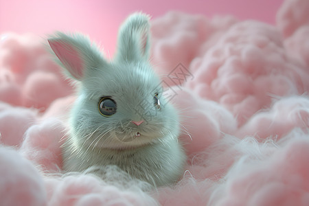 粉色毛球前的绿色小兔子图片