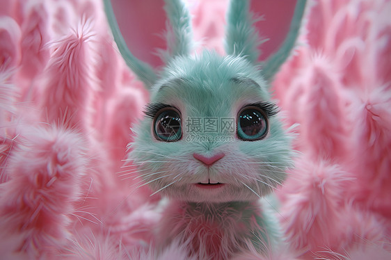 粉色毛絮中的可爱绿色兔子图片