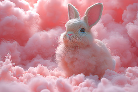 粉色棉絮中的兔子图片
