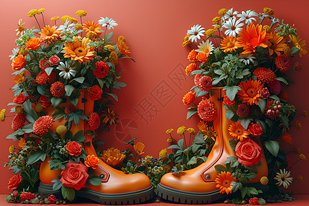 花海中的橙色靴子图片