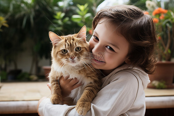 怀抱猫咪的小女孩图片