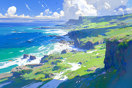 海浪海洋的岛屿风景插画