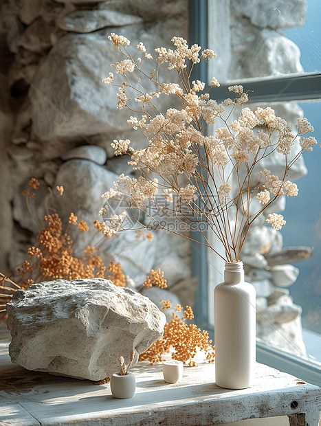 花瓶与岩石的静物艺术图片