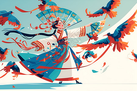 传统舞蹈传统扇子下的中国戏曲舞者插画