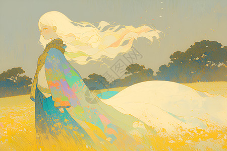 站在风中的女性一个人站在浪漫的自然背景前插画