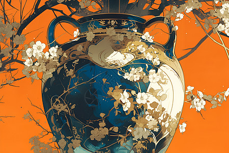 深橘色系下花瓶与白色梅花图片