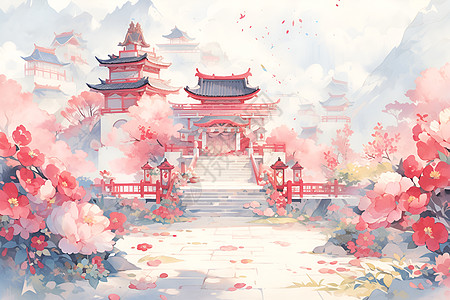 红色的桥新春佳节的花园插画