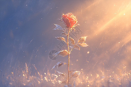 冰雪中阳光照耀的红玫瑰图片