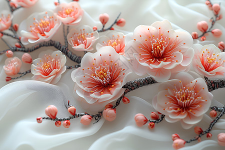 白色织物上的梅花刺绣图片