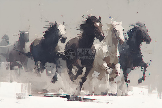 雪中奔跑的马群图片